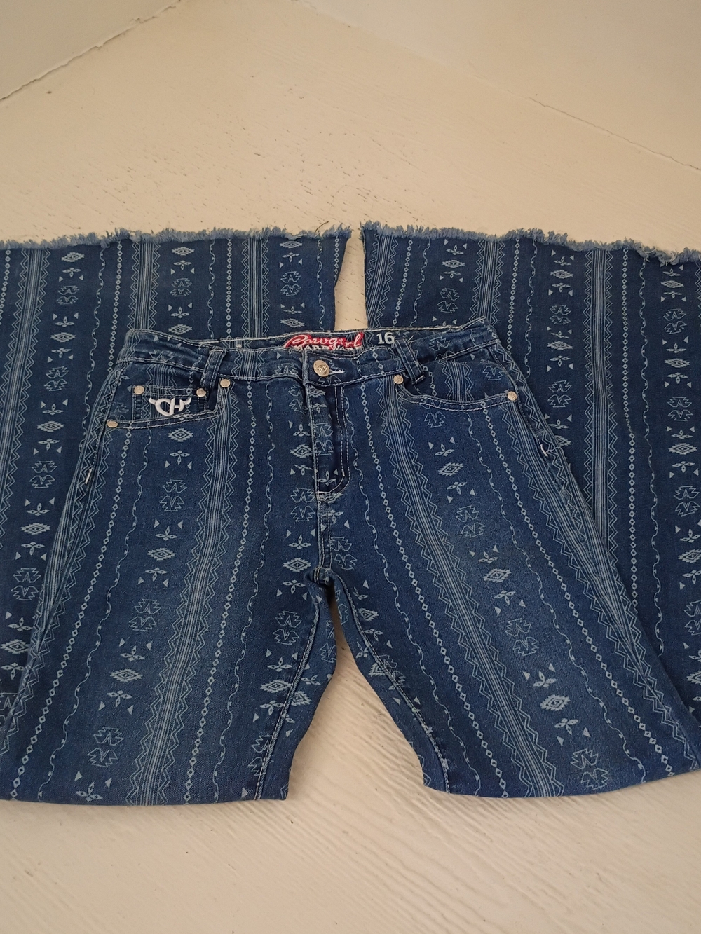 Cowgirl Hardware Girls Size 16 Aztec Pattern Blue Denim Bell Bottom Flare Jeans
